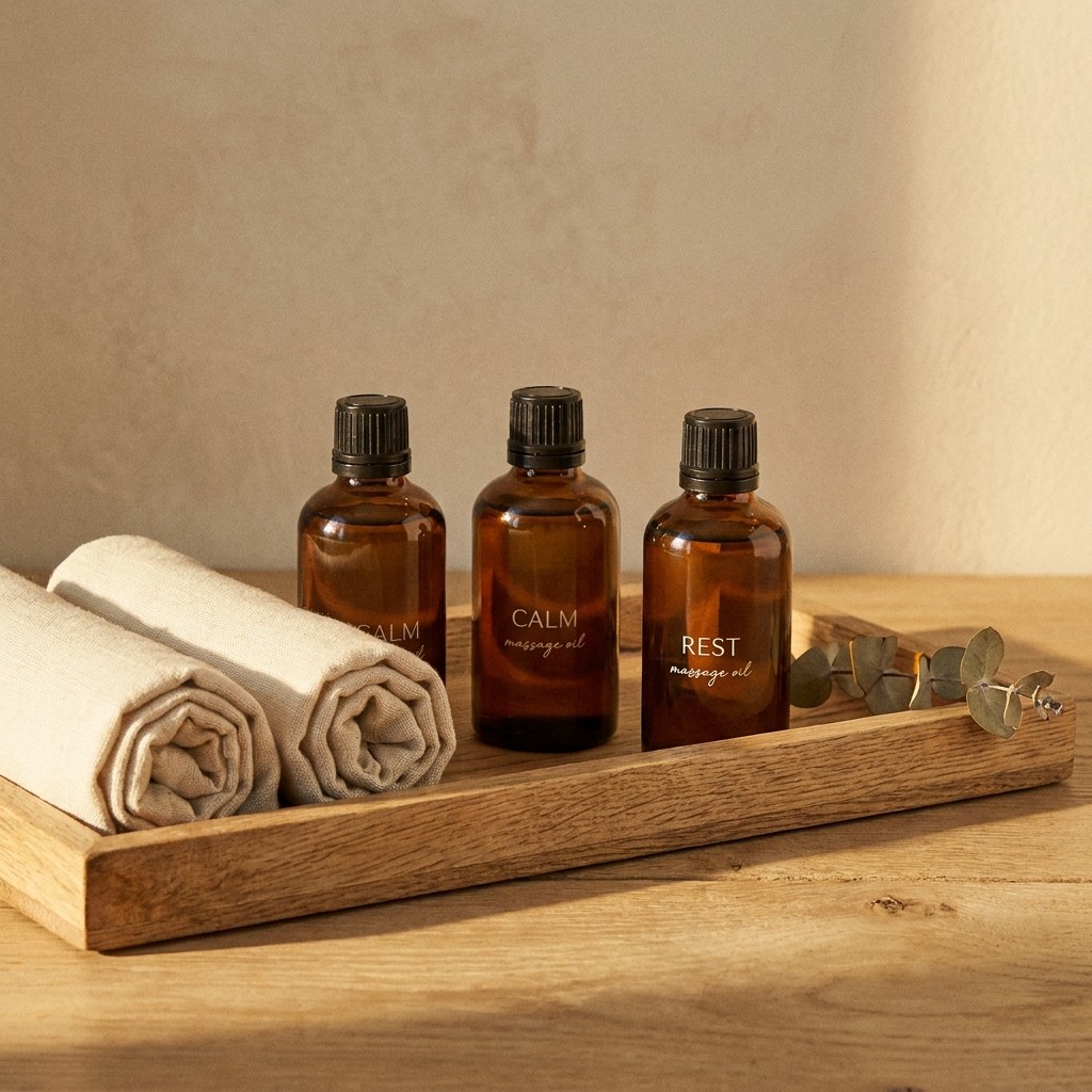 Óleos e toalhas para atendimento de massagem