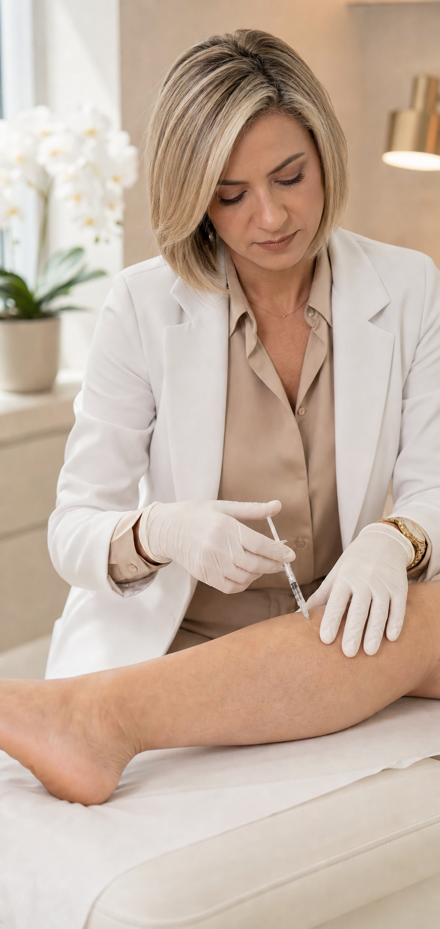Dra. Daiane realizando aplicação injetável de PEIM na perna de uma paciente